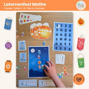 May include: A set of educational maths learning materials titled "Laternenfest Mathe" featuring paper cutouts of colourful lanterns, number cards, and game boards with night sky illustrations for counting numbers one through ten.