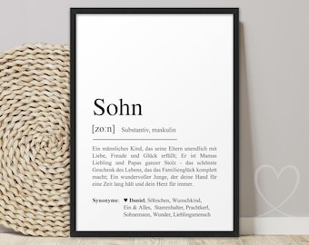 Poster SOHN Definition | ABOUKI Kunstdruck | persönliches Geschenk für den Sohn Bild mit Namen personalisiert zum Geburtstag Weihnachten