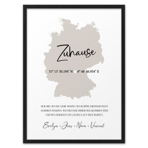 Landkarte Deutschland Weltkarte Poster Home Zuhause Deutschlandkarte Koordinaten Bild  Namen personalisiert Hausbau Geschenk Einzug Hochzeit Einzugsgeschenk Wohnung Haus Einweihung minimalistisch Einweihungsgeschenk Richtfest Deko Wohnzimmer Flur