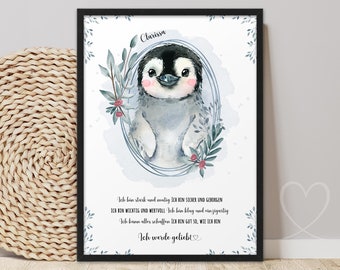 Poster Pinguin AFFIRMATIONEN | ABOUKI Kunstdruck Bild | Affirmationsposter Kinder Kinderzimmer Babyzimmer Junge Mädchen Name personalisiert