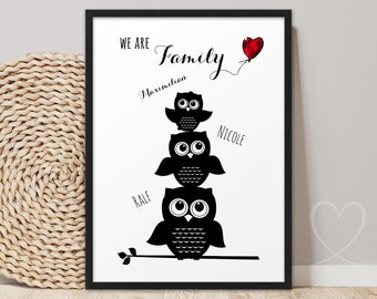Personalized family poster OWLS we are FAMILY | ABOUKI art print | Heartfelt family picture with names, family home gift