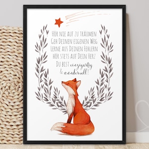 Poster FUCHS hör nie auf zu TRÄUMEN | ABOUKI Kunstdruck | Bild Fuchsposter Kinderzimmer Deko Junge Mädchen Babyzimmer Kinder Kinderbilder