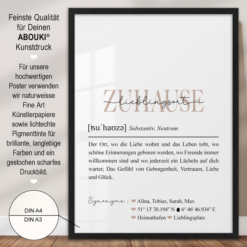 Poster Zuhause Definition Koordinaten Bild mit Namen personalisiert Landkarte Hausbau Geschenk Einzug Hochzeit Einzugsgeschenk Wohnung Haus Einweihung Deko Wanddeko Geschenkidee Einweihungsgeschenk Richtfest Mitbringsel Wohnzimmer Wo alles begann