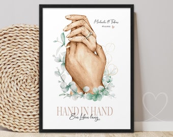 Hand in HAND ein Leben lang Hochzeitsbild Brautpaar Hochzeitsgeschenk personalisiert mit Namen Datum Valentinstag Jahrestag JGA Hochzeitstag