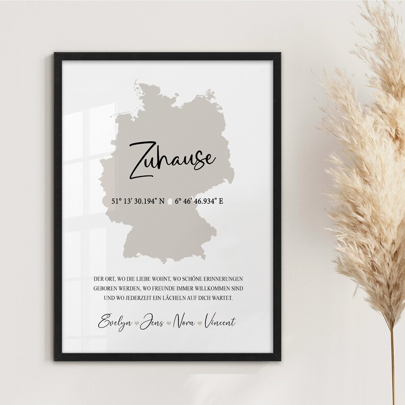 Landkarte Deutschland Weltkarte Poster Home Zuhause Deutschlandkarte Koordinaten Bild  Namen personalisiert Hausbau Geschenk Einzug Hochzeit Einzugsgeschenk Wohnung Haus Einweihung minimalistisch Einweihungsgeschenk Richtfest Deko Wohnzimmer Flur