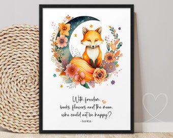 Fox Poster FREEDOM Fox | ABOUKI Art Print | Picture for Bookworms, Reading, Fox Poster, Fox Picture, Foxes, Gift, Bookworm, Quote by Oscar Wilde