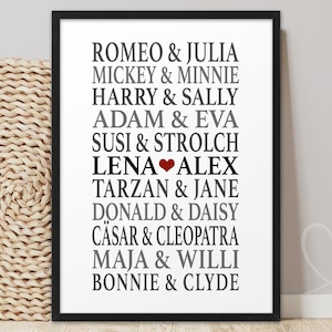 Partnerposter TRAUMPAAR Berühmte Paare | ABOUKI Kunstdruck | Bild personalisiert mit Namen Geschenk Jahrestag Valentinstag Hochzeitstag