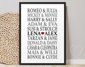 Partner poster DREAM COUPLE Famous Couples | ABOUKI Art Print | Picture personalized with name gift anniversary Valentine's Day wedding anniversary