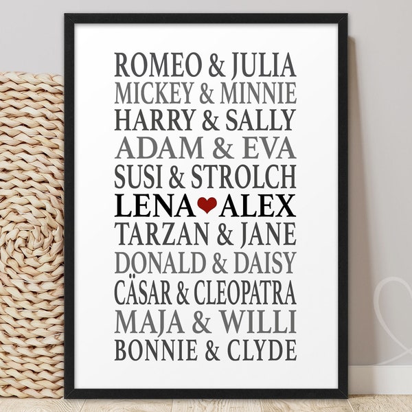 Partner poster DREAM COUPLE Famous couples | ABOUKI art print | Picture personalized with name gift anniversary Valentine's Day wedding anniversary