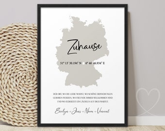 Deutschland Weltkarte LANDKARTE Koordinaten Poster Zuhause | ABOUKI Kunstdruck | Bild Karte Geschenkidee Hochzeit Einzug für Familie Paare