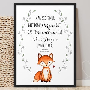 ABOUKI Kunstdruck Poster Bild FUCHS Zitat Der kleine Prinz "Man sieht nur mit dem Herzen gut das Wesentliche ist für die Augen unsichtbar."