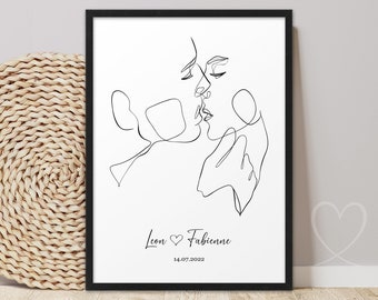 KISS LOVE COUPLE Line Art Poster Personalized with Name Date Valentine's Day Gift for Men, Her and Him Anniversary Wedding Anniversary