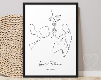 KISS LOVE COUPLE Line Art Poster Couple Personalized with Name Date Valentine's Day Gift for Men, Her and Him Anniversary Wedding Day