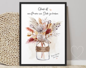 Poster MAMA GLÜCK Boho Blumenstrauß | ABOUKI Kunstdruck Mama Bild personalisiert mit Namen | Geschenk Mama Muttertag Geburtstag Weihnachten