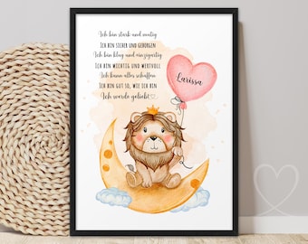 Baby Lion Affirmations Poster | ABOUKI Art Print | Affirmation Poster for Children's Room, Baby Room, Boy, Girl | Personalized