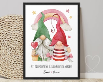 Personalisiertes Poster Mit Dir ALT und RUNZELIG werden Wichtel Zwerge Gnome | ABOUKI Kunstdruck | Bild Paar Geschenk Valentinstag Hochzeit