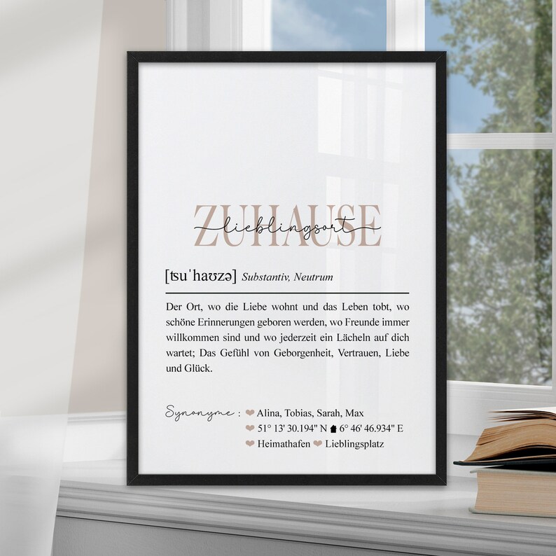 Poster Zuhause Definition Koordinaten Bild mit Namen personalisiert Landkarte Hausbau Geschenk Einzug Hochzeit Einzugsgeschenk Wohnung Haus Einweihung Deko Wanddeko Geschenkidee Einweihungsgeschenk Richtfest Mitbringsel Wohnzimmer Wo alles begann