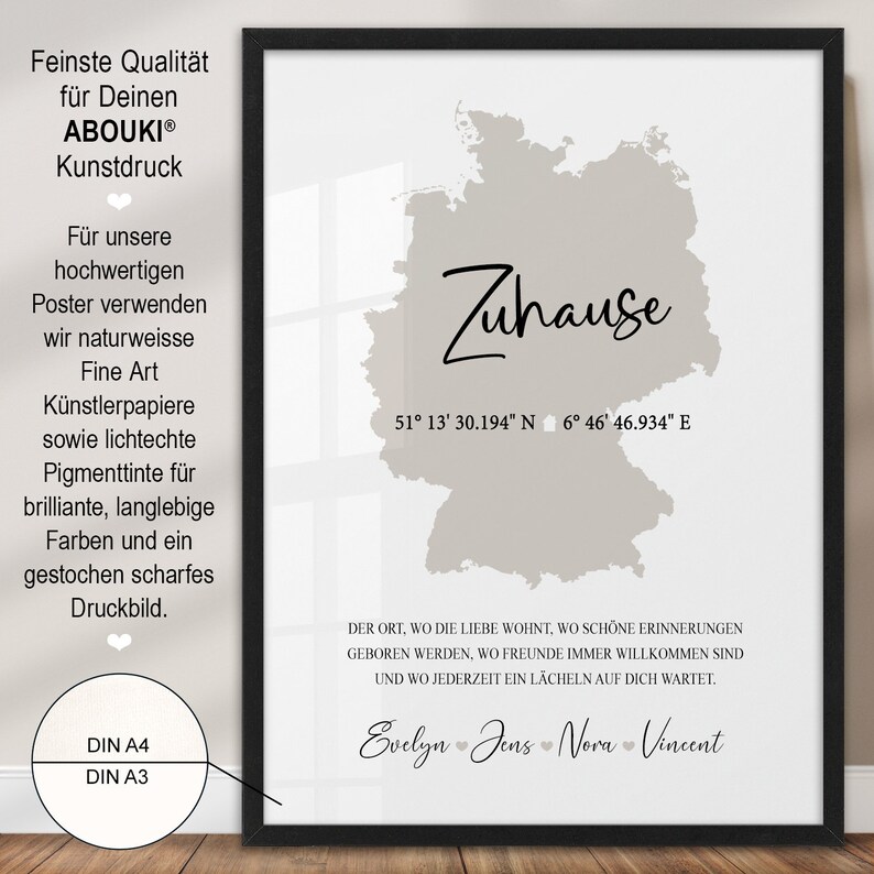 Landkarte Deutschland Weltkarte Poster Home Zuhause Deutschlandkarte Koordinaten Bild  Namen personalisiert Hausbau Geschenk Einzug Hochzeit Einzugsgeschenk Wohnung Haus Einweihung minimalistisch Einweihungsgeschenk Richtfest Deko Wohnzimmer Flur