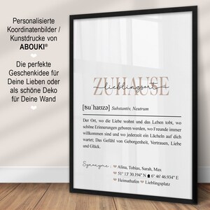 Poster Zuhause Definition Koordinaten Bild mit Namen personalisiert Landkarte Hausbau Geschenk Einzug Hochzeit Einzugsgeschenk Wohnung Haus Einweihung Deko Wanddeko Geschenkidee Einweihungsgeschenk Richtfest Mitbringsel Wohnzimmer Wo alles begann