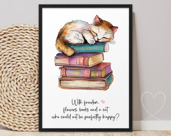 FREEDOM CAT poster | ABOUKI art print | Picture of a cat reading books | Cat poster | Cat picture | Gift for bookworms and bookworms