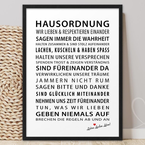 Poster HAUSORDNUNG | ABOUKI Kunstdruck | Bild Familienposter Familienbild Hausregeln Einzugsgeschenk Geschenk Einzug Umzug Haus Wohnung