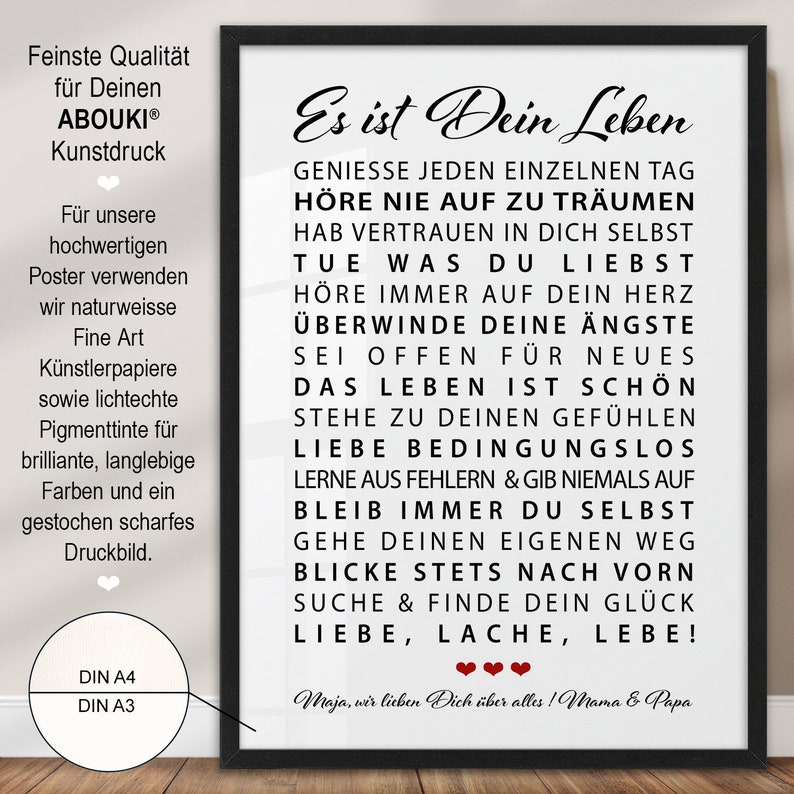 Poster Es ist Dein Leben Motivation personalisiertes Bild mit Namen Weihnachtsgeschenk Sohn Tochter Geburtstagsgeschenk Junge Mädchen 18 Geburtstag Geschenkidee persönliches Geschenk Abitur Patenkind Kommunion Konfirmation Jugendweihe Studium