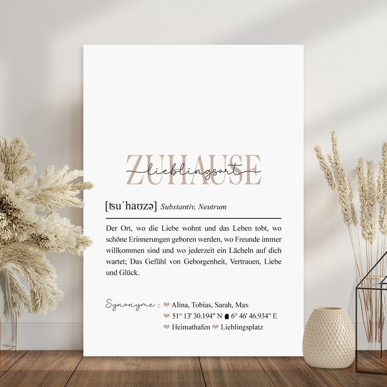 Poster Zuhause Definition Koordinaten Bild mit Namen personalisiert Landkarte Hausbau Geschenk Einzug Hochzeit Einzugsgeschenk Wohnung Haus Einweihung Deko Wanddeko Geschenkidee Einweihungsgeschenk Richtfest Mitbringsel Wohnzimmer Wo alles begann