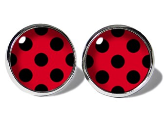 ABOUKI stainless steel stud earrings silver motif ladybug lady bug polka dot earrings girls ladies red black dotted earrings gift idea
