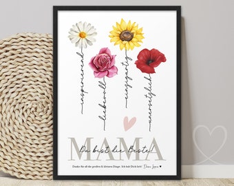 Poster Danke BESTE MAMA bunte Blumen | ABOUKI Kunstdruck | Mama Bild personalisiert mit Namen Geschenk Mama Muttertag Geburtstag Weihnachten