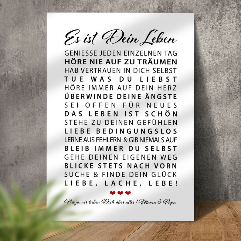 Poster Es ist Dein Leben Motivation personalisiertes Bild mit Namen Weihnachtsgeschenk Sohn Tochter Geburtstagsgeschenk Junge Mädchen 18 Geburtstag Geschenkidee persönliches Geschenk Abitur Patenkind Kommunion Konfirmation Jugendweihe Studium