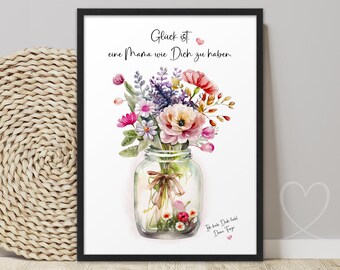 Poster MAMA GLÜCK Blumenstrauß | ABOUKI Kunstdruck | Mama Bild personalisiert mit Namen | Geschenk für Mama Muttertag Geburtstag Weihnachten