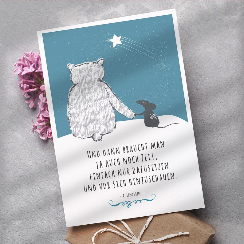 ABOUKI Poster Bild Bär und Maus Kunstdruck Zitat und dann braucht man