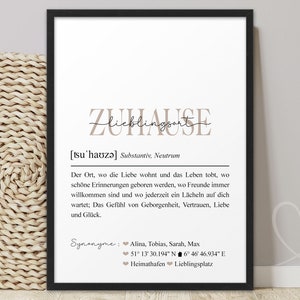 Poster Zuhause Definition Koordinaten Bild mit Namen personalisiert Landkarte Hausbau Geschenk Einzug Hochzeit Einzugsgeschenk Wohnung Haus Einweihung Deko Wanddeko Geschenkidee Einweihungsgeschenk Richtfest Mitbringsel Wohnzimmer Wo alles begann