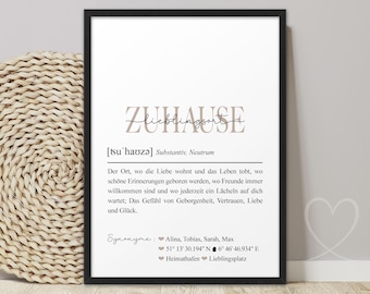 Koordinaten Poster ZUHAUSE BOHO Definition Familienposter | ABOUKI Kunstdruck | Einzugsgeschenk Bild Hochzeit Einzug Haus Geschenk Familie