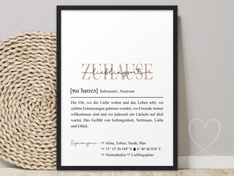 Poster Zuhause Definition Koordinaten Bild mit Namen personalisiert Landkarte Hausbau Geschenk Einzug Hochzeit Einzugsgeschenk Wohnung Haus Einweihung Deko Wanddeko Geschenkidee Einweihungsgeschenk Richtfest Mitbringsel Wohnzimmer Wo alles begann