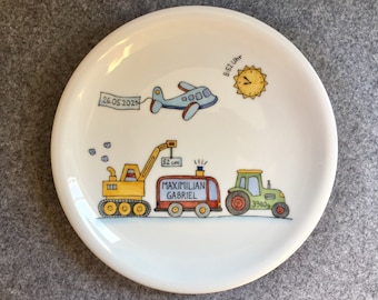 Birth Plate - Children's Tableware "Vehicle Parade"