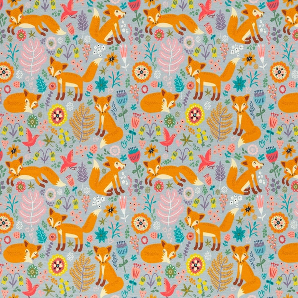 15,90 EUR/meter Jersey with foxes and meadow flowers, grey, Theo, 846183