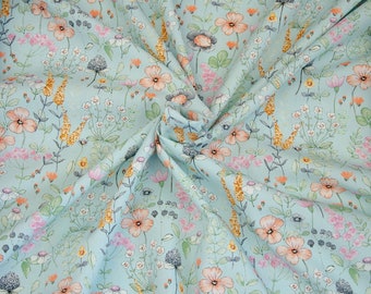 20.90 EUR/meter Lola, cotton woven fabric flower meadow, turquoise, Hilco, A 1631/78