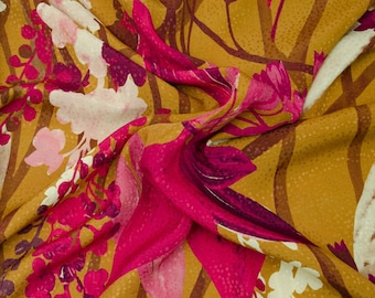 35.90 EUR/meter Esthi, viscose woven fabric with floral pattern, ochre/fuchsia, Hilco, M 2695/9