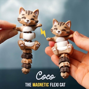 Puede incluir: Dos juguetes magnéticos flexibles con forma de gato marrón y blanco, cada uno sostenido por una mano. Los juguetes están segmentados, con cabeza, torso y cola de gato. El texto "Coco THE MAGNETIC FLEXI CAT" está en la parte inferior.