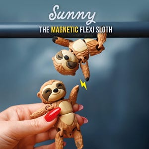 May include: Two brown magnetic flexi sloths, one hanging upside down and the other held by a hand with a red painted nail. The text "Sunny" and "THE MAGNETIC FLEXI SLOTH" are at the top. A yellow lightning bolt graphic is between the sloths.