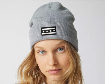 Chicago Flag Cuffed Knit Hat Grey Metallic Leatherette Patch