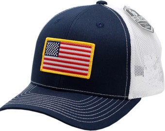 American Flag Snapback Trucker Mesh Navy/White Gold Border