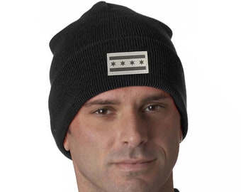 Chicago Flag Grey Leatherette Patch Cuffed Knit Hat Black