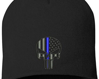 Punisher Blue Line Skull Knit Hat One Size