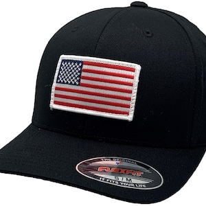 American Flag 45 Flex Fit Hat Black White Border