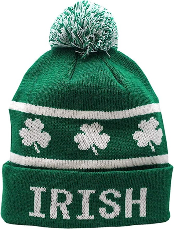 St Patricks Day Irish Shamrock Cuffed Knit Hat With Pom