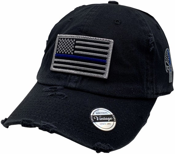 Peerless Punisher Blue Line Embroidered Cuffed Knit Beanie Hat - Black, Adjustable