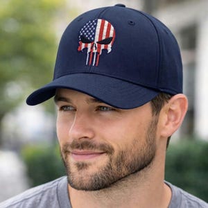 American Flag Skull Flex Fit Hat Navy