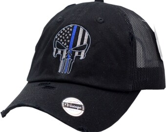 Police Punisher Blue Line Black Distressed Mesh Back with Adjustable Strap Hat One Size